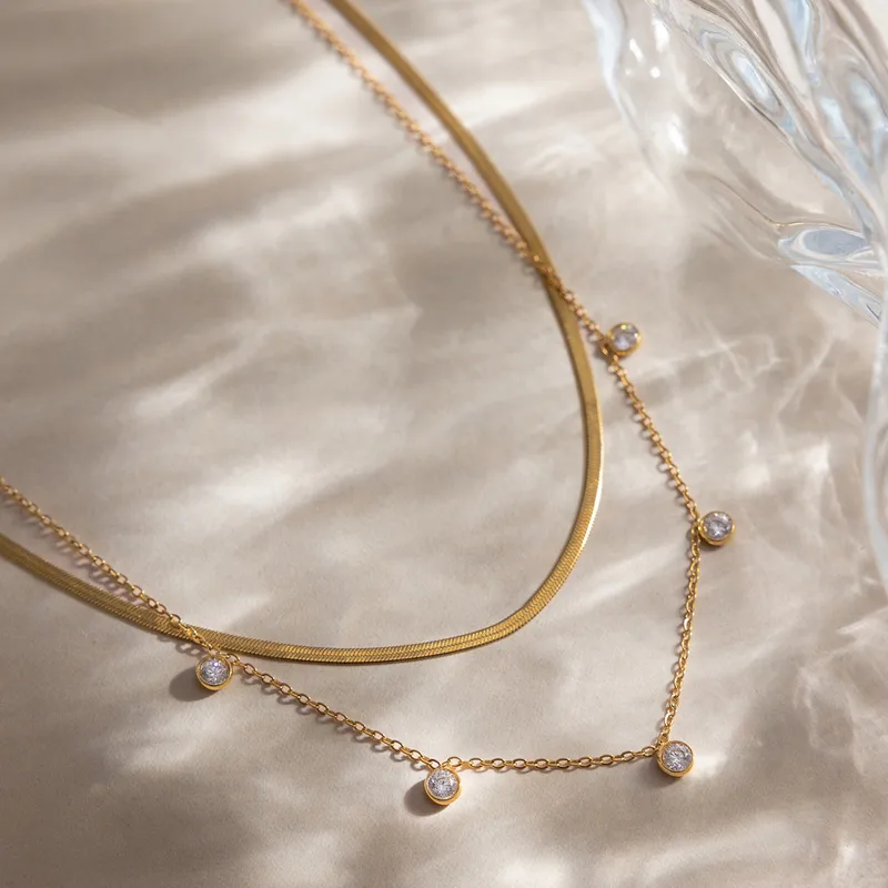 Minimalist Zircon Coffee Bean Double Layer Necklace - 18K Gold Plated 304 Stainless Steel