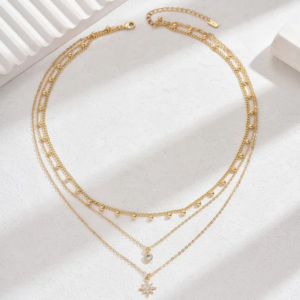18K Gold Plated Copper Three-Layer Necklace with Eight Awn Star and Zircon Inlay