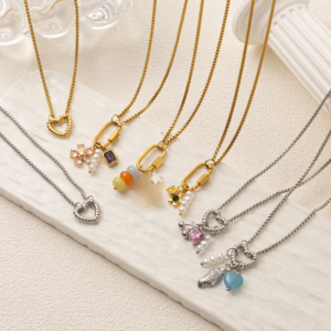 18K Gold Plated Waterproof Stainless Steel Pendant Necklace – Retro Style Conch, Heart, and Flower Charms withZircon Birthstones