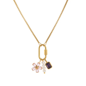 18K Gold PVD Coated Stainless Steel Retro Classic Pendant Necklace – Waterproof & Non-Tarnish Charm Necklace with Conch, Heart, and Flower Accents.