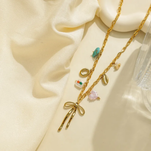 18K Gold Plated Multi-Charm Pineapple, Bow, and Shell Stainless Steel Necklace