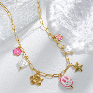 14K Gold Ion Plated 304 Stainless Steel Starfish and Flower Multi-Charm Necklace