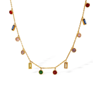 18K Ion Plated 304 Stainless Steel Geometric Zircon Waterproof Multi-Charm Rainbow Necklace